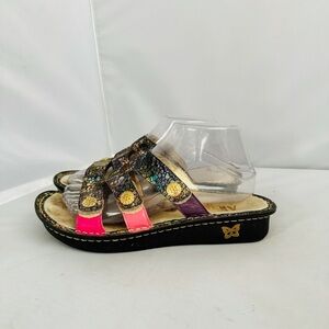 Alegria Venus Purple Gleam Black and Pink Leather Slide Sandals Women’s Size 7.5